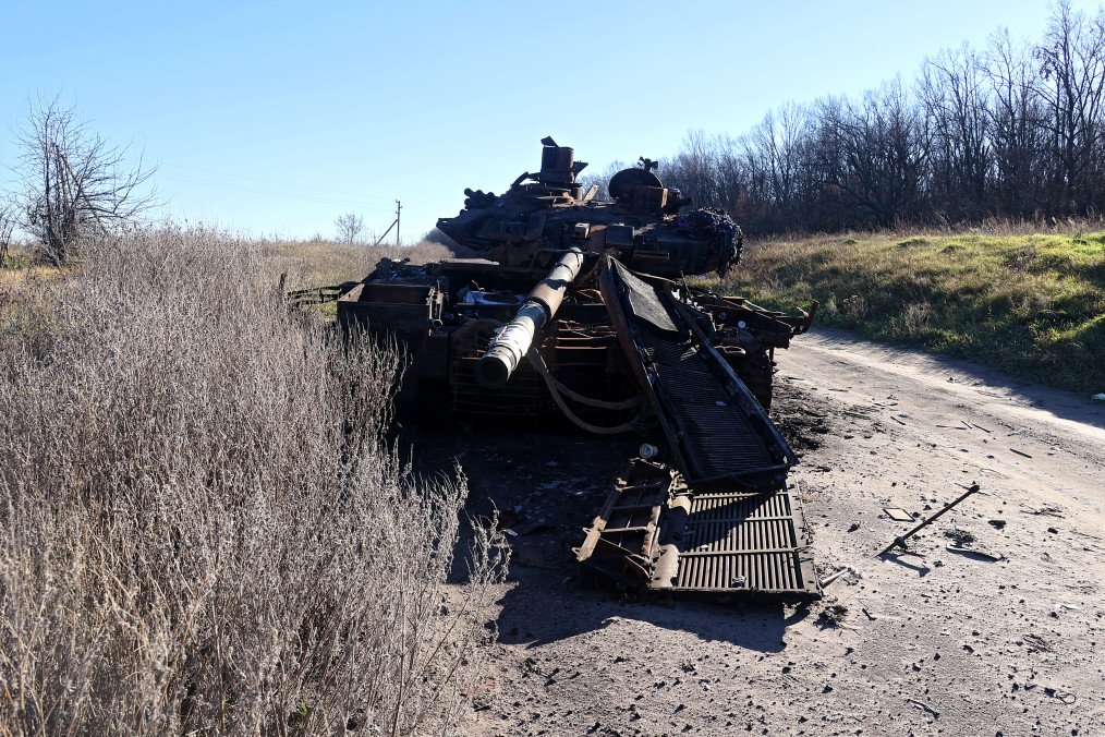 Destroyed Russian military equipment is seen near the village of Verkhniy Saltiv, Kharkiv Region, northeastern Urkaine. (Source: Getty Images)