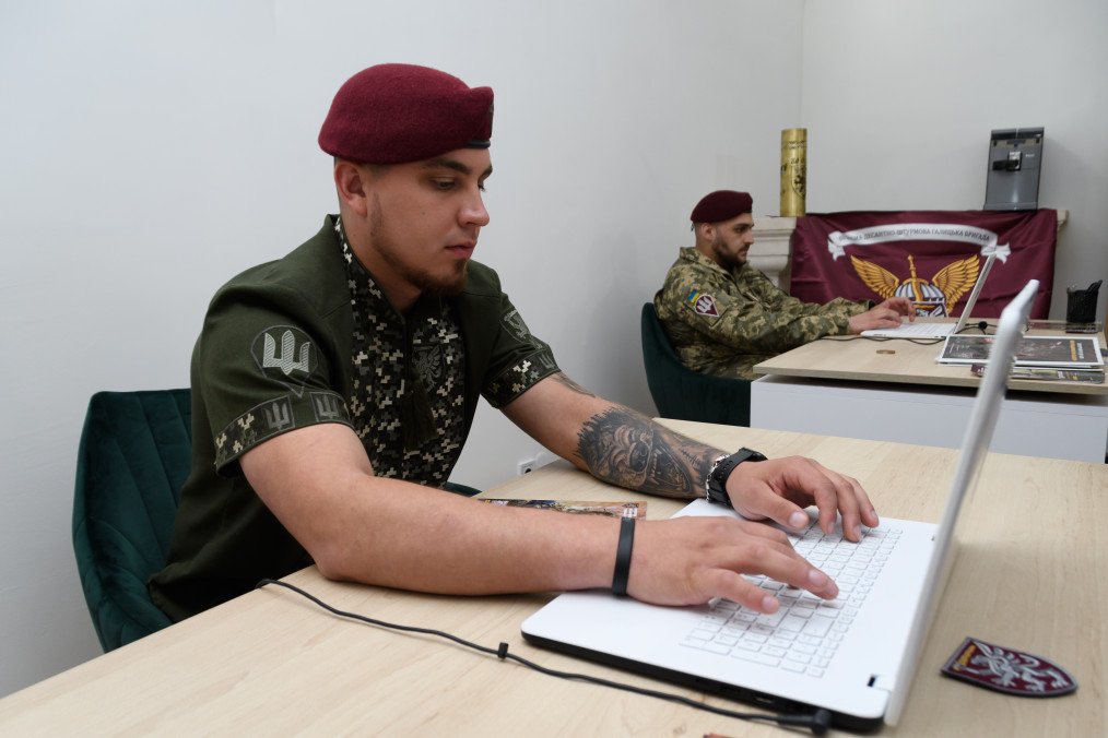 Soldiers work inside the 80th Brigade's recruiting center on June 13, 2025, in Lviv, Ukraine.