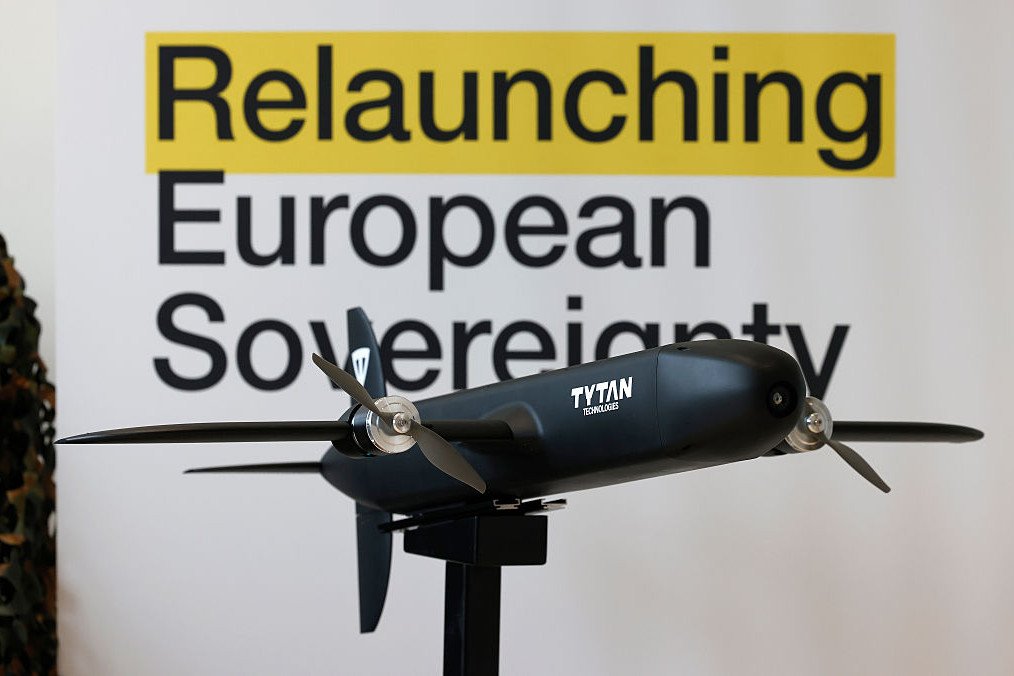 A TYTAN Technologies interceptor drone is pictured before the visit of German Economy Minister Katharina Reiche on February 06, 2026 in Munich, Germany