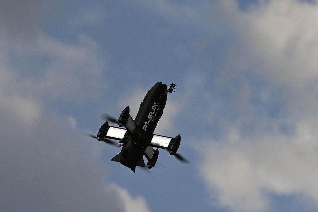 This photograph shows a P1-Sun interceptor drone during a test flight at an undisclosed location in Ukraine on March 19, 2026. (Source: Getty Images)