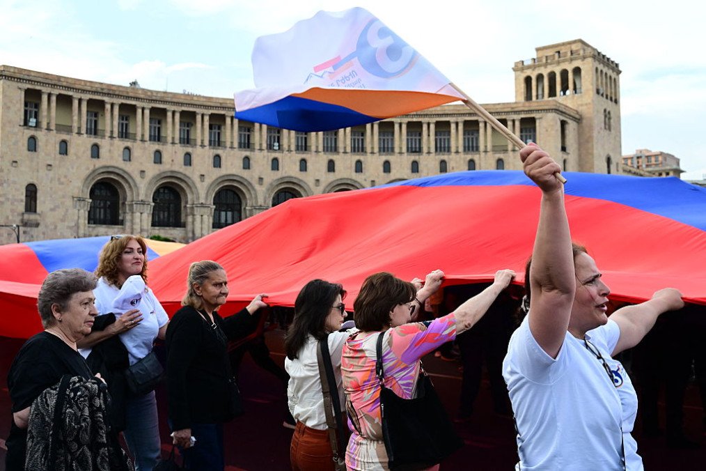 Supporters of Strong Armenia, the party of billionaire Russian-Armenian businessman Samvel Karapetyan, who is under house arrest on charges of plotting a coup, stage a campaign rally in central Yerevan on June 3, 2026. (Source: Getty Images)