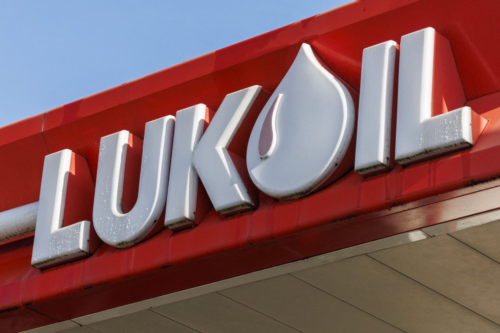 A logo pictured at a Lukoil filling station in Sint Denijs Westrem, Gent on 28 October 2025. (Source: Getty Images)