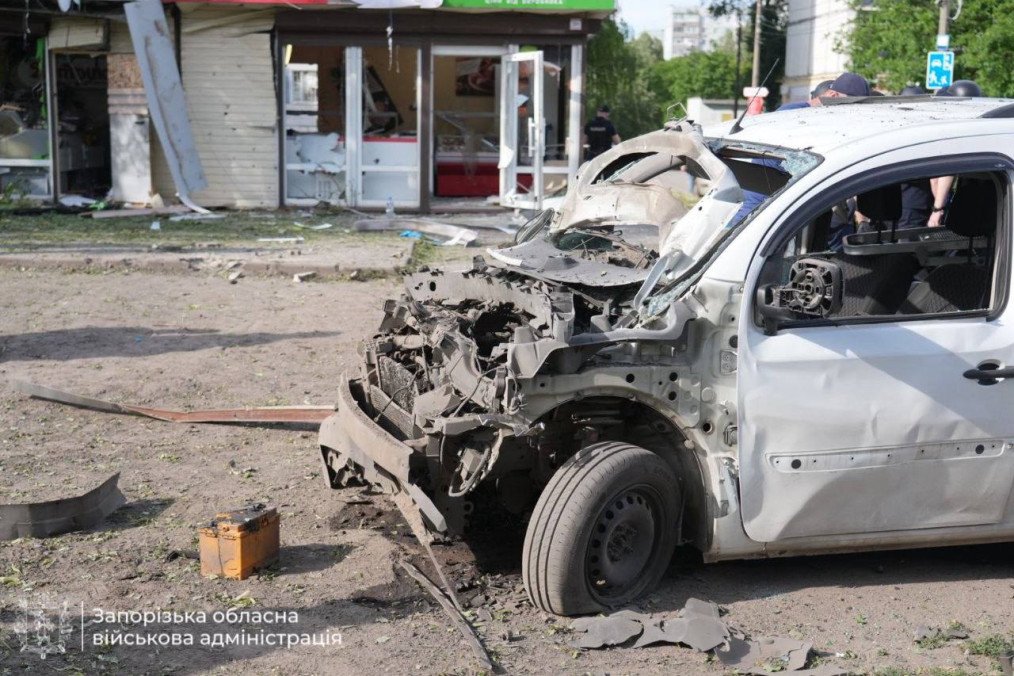 A damaged civilian vehicle near the site of a Russian drone strike on Zaporizhzhia on June 8.