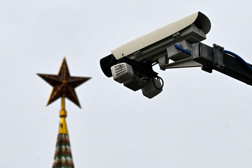 A video surveillance camera is pictured in front of a ruby star atop one of the Kremlin’s towers in central Moscow, Russia on May 23, 2023. (Source: Getty Images)