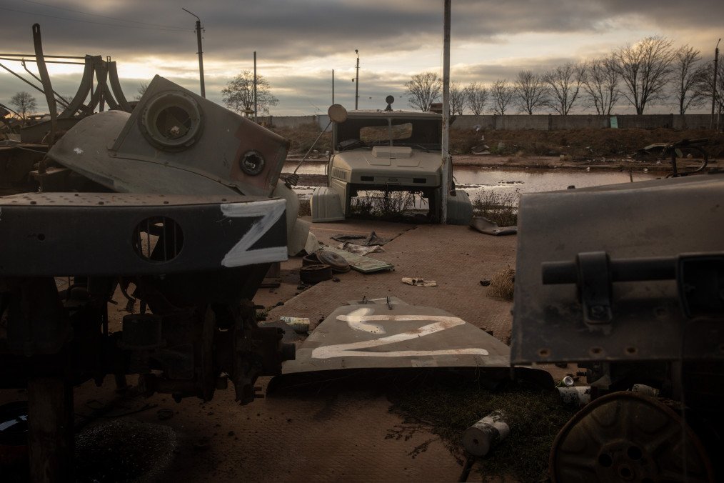 Destroyed Russian military vehicles at a former base near Kherson International Airport following the withdrawal of Russian forces, November 19, 2022. (Source: Getty Images)