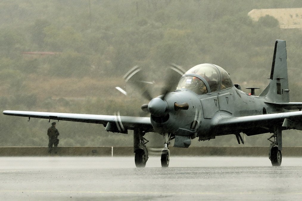 A-29 Super Tucano plane that were handed by the US government to the Lebanese Army arrive at the Lebanese Air Force air base of Hamat, north of Beirut, on October 31, 2017. (Source: Getty Images)