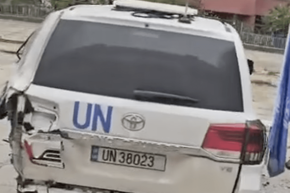 Damaged UN vehicle after drone strikes in Kherson on May 14. Ukrainian authorities identified Russian forces as responsible. (Photo: open source)