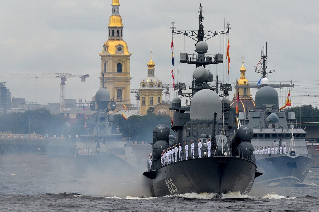 Russian Navy warships participate in the annual Navy Day parade in St. Petersburg, Russia, on July 25, 2021. (Source: Getty Images)