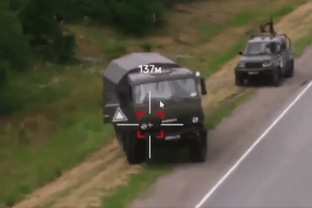 Russian military truck moments before being hit by a Ukrainian drone en route to Crimea, June 2026.