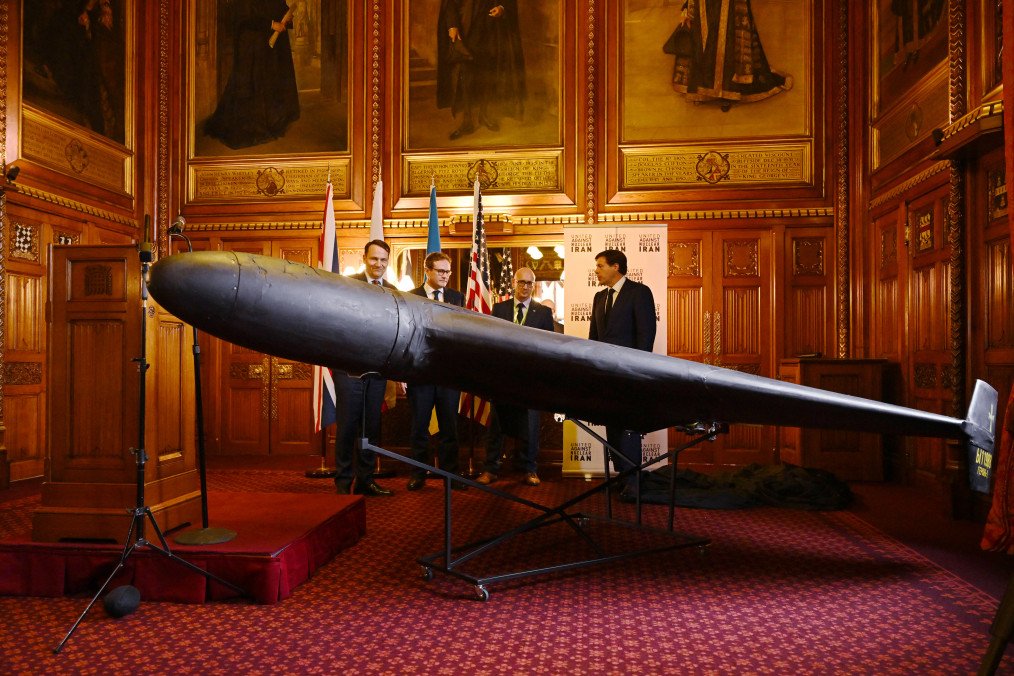 A downed Iranian-made Shahed-136 drone used by Russia in Ukraine on display at the UK Parliament in London, October 14, 2025. (Source: Getty Images)