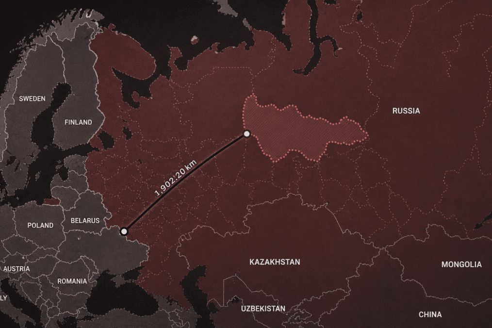 Infographic map illustrating a nearly 2,000 km distance from Ukraine into central Russia, highlighting the extent of recent air raid alerts. (Source: UNITED24 Media)