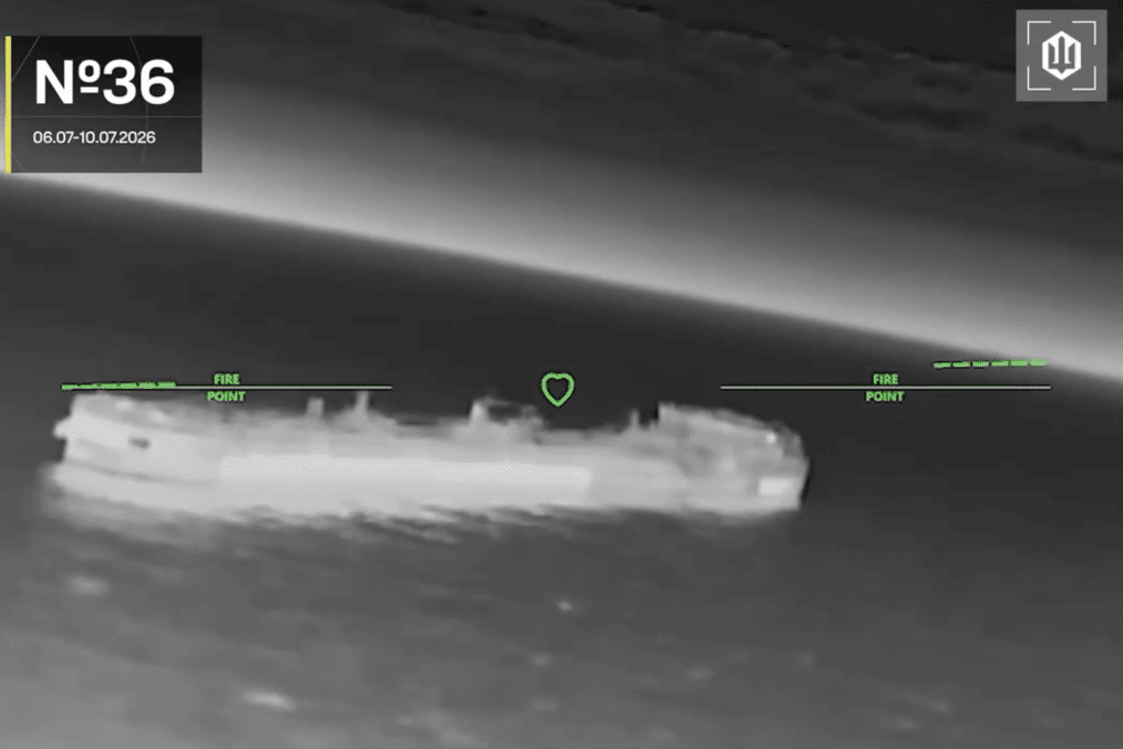 A thermal camera feed from a Ukrainian drone tracks a Russian shadow fleet oil tanker on the water approaches to Crimea. (Source: Unmanned Systems Forces of Ukraine)