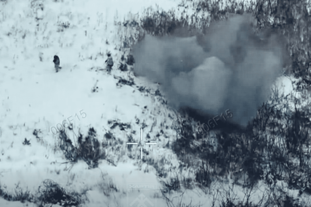 A drone strike hits Russian positions in a snow-covered area, as captured in aerial footage released by Ukrainian forces. (Photo: National Guard of Ukraine’s “Khartiia” Brigade )