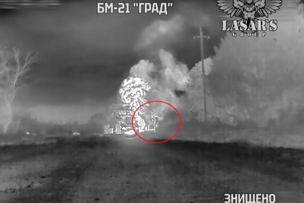 The moment a Ukrainian heavy drone strikes a Russian BM-21 "Grad" rocket system in the Donetsk region. (Source: Lasar’s Group)