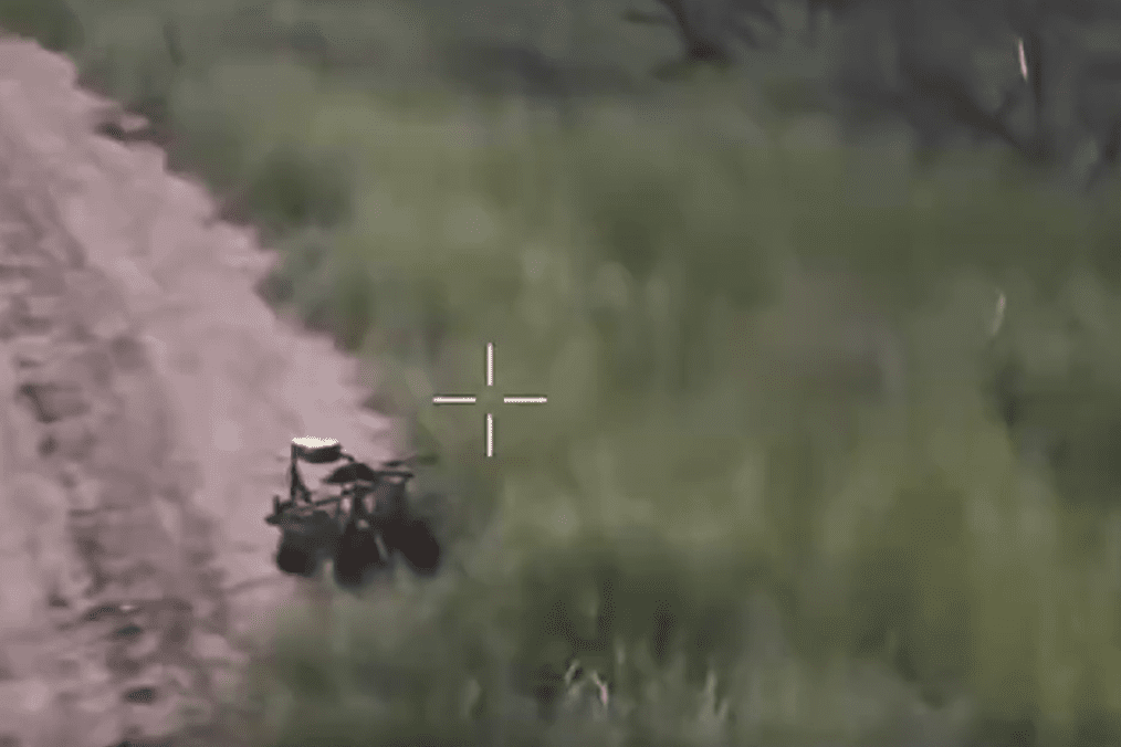 Ukrainian ground robot with Wolly 7,62 remotely operated weapon station landing on the Russian-held Kinburn Spit, July 13, 2026.