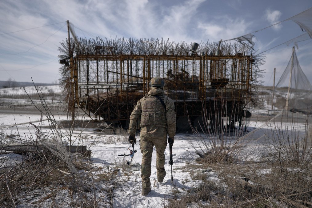Anti-drone netting covers a supply road near Kostiantynivka as Ukrainian forces patrol and defend against Russian drones along the frontline in the Donetsk region. (Source: Getty Images)