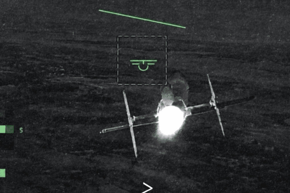 Footage showing a Ukrainian jet-powered interceptor destroying a Russian Geran-5 attack drone over the Chernihiv region on October 8, 2026. (Source: Serhiy Prytula Charity Foundation)