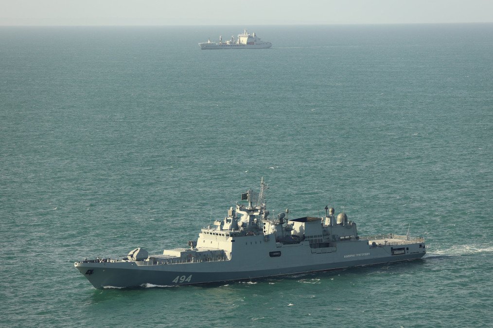 Royal Navy RFA Tideforce and a Wildcat helicopter (not pictured) shadow a Russian frigate Admiral Grigorovich (front) in the Channel, April 2026. (Source: Royal Navy)