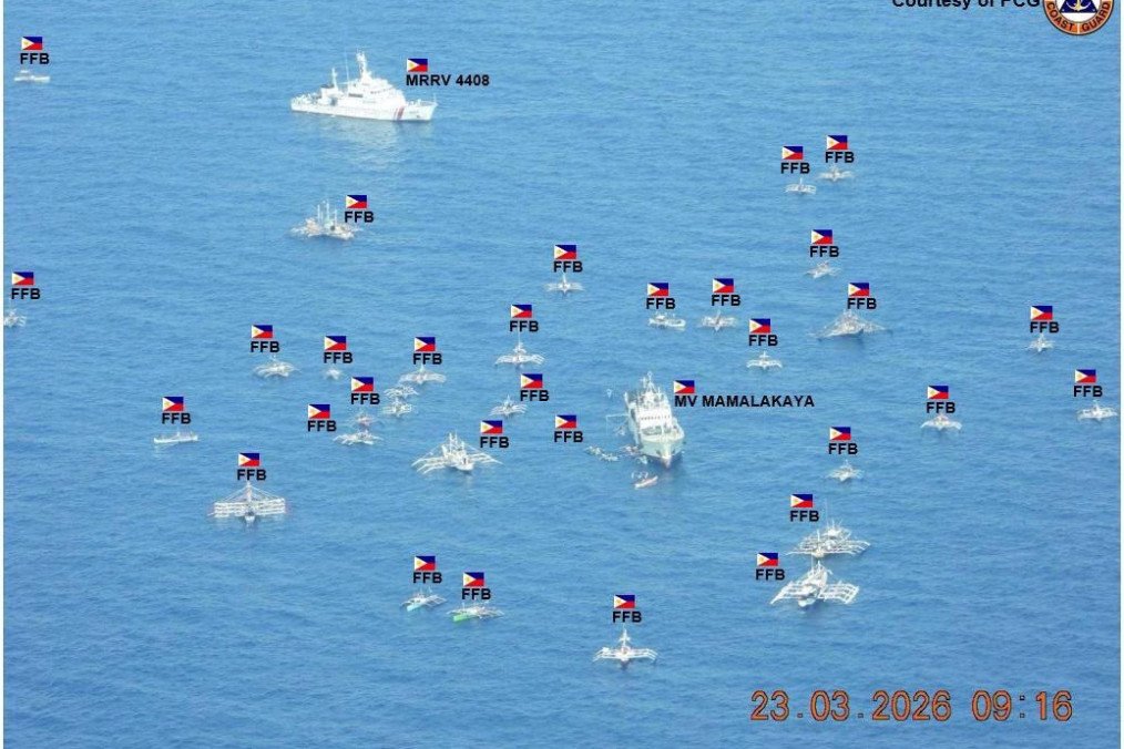 Philippine fishing boats near the Scarborough Shoal, protected by the Philippines Coast Guard vessels, March 23, 2026. (Source: jaytaryela/X)