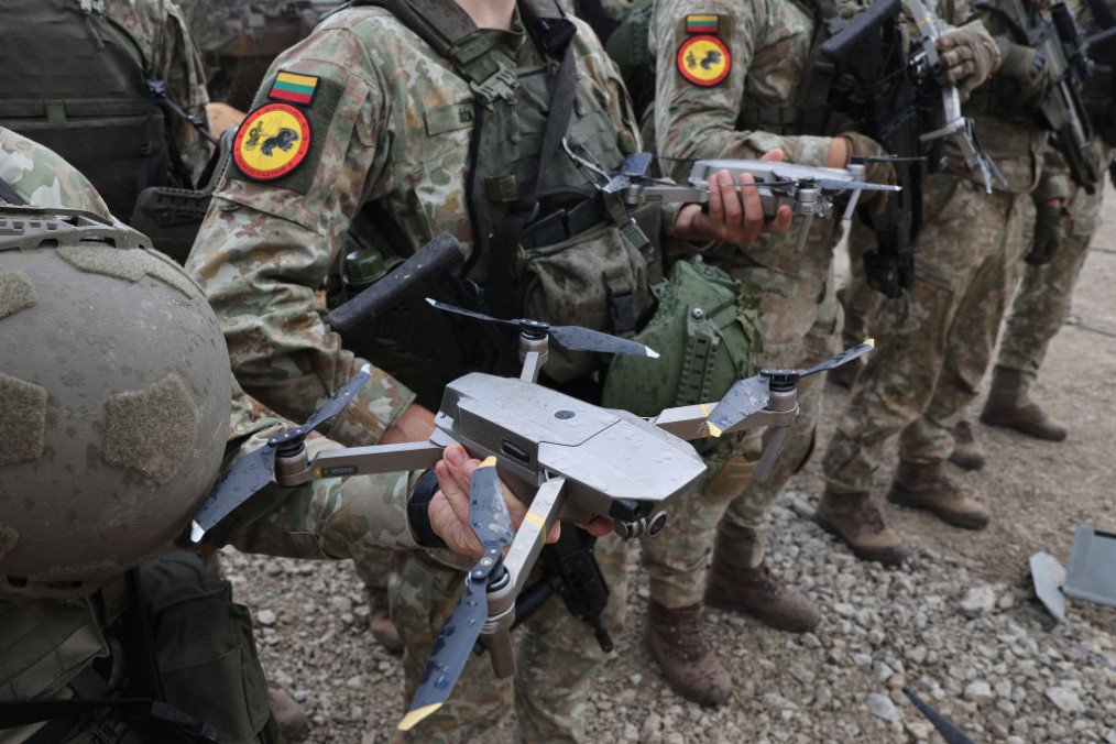 Lithuanian Army soldiers with various drones during the NATO Quadriga military exercise, in Pabrade, Lithuania on May 29, 2024. (Source: Getty Images)