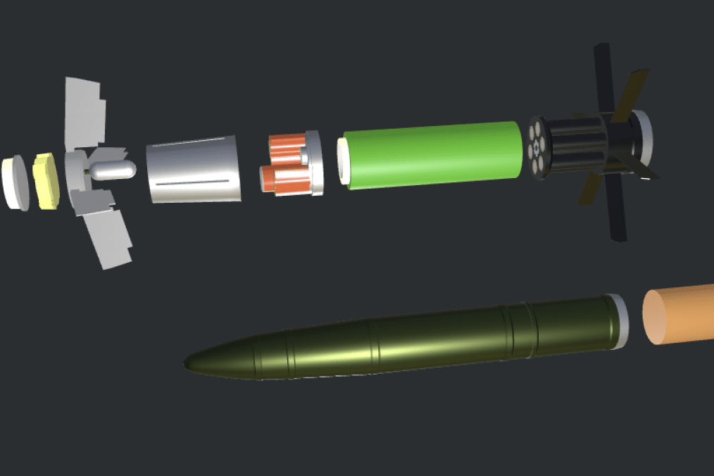 3D model of the Russian Krasnopol-M2 guided artillery shell, showing its internal components, including the guidance system, warhead, and propulsion elements. (Source: HUR)