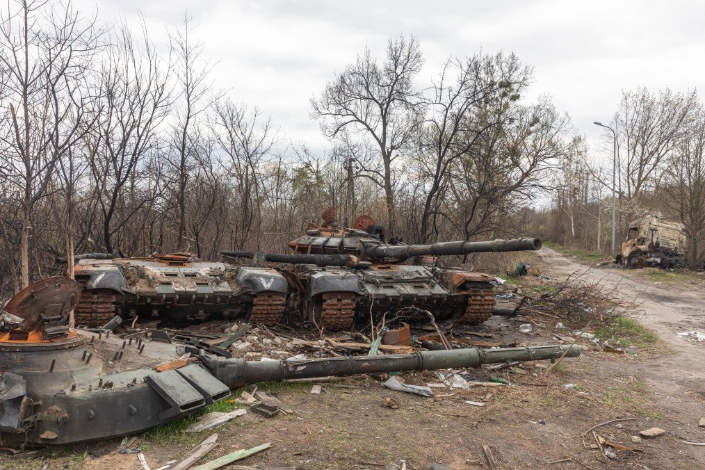 Destroyed and burned tanks and other military equipment of the Russian invaders along the Zhytomyr highway in the vicinity of Kyiv, April 23, 2022. Destroyed and burned tanks and other military equipment of the Russian invaders along the Zhytomyr highway in the vicinity of Kyiv, April 23, 2022.