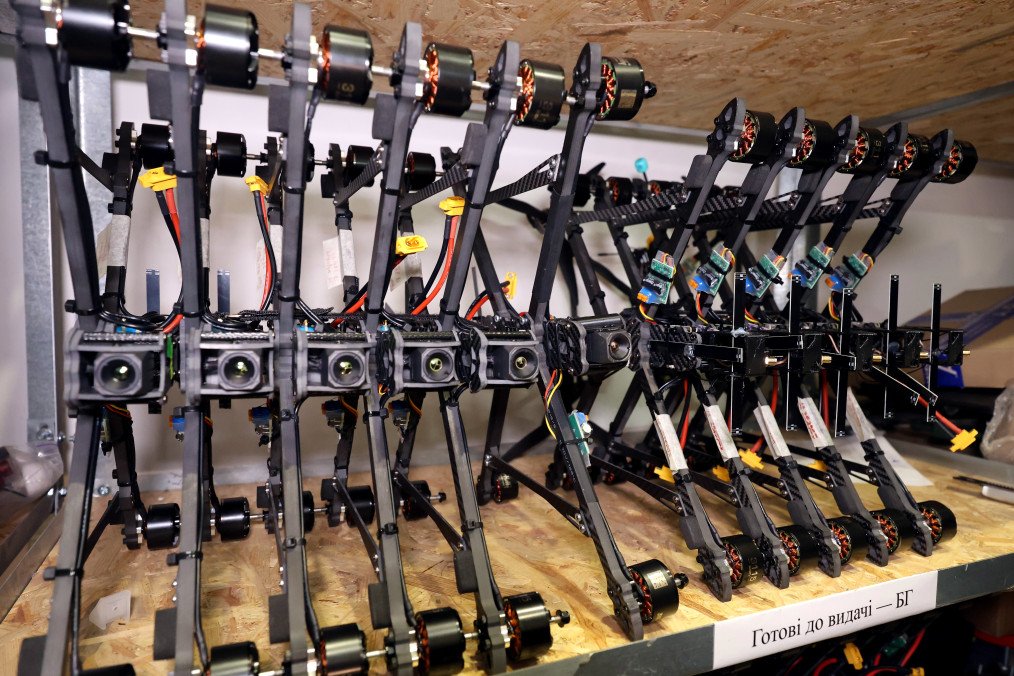 FPV drones stored in the UAV workshop of an operational battalion of the 13th Khartiia Brigade of Ukraine’s National Guard in the Kharkiv region, Ukraine, on November 17, 2025. (Source: Getty Images)