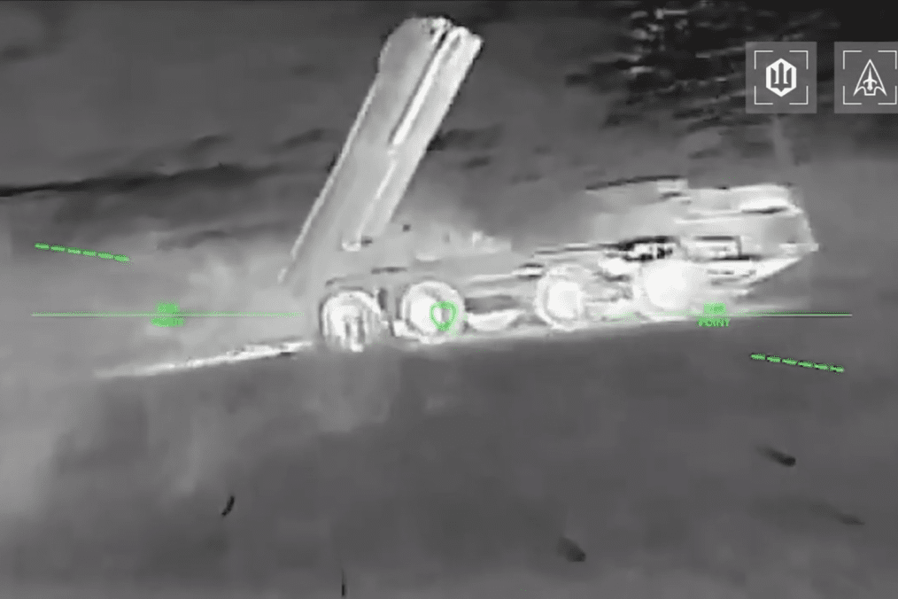 Moment of impact on a Russian Tornado-S multiple launch rocket system (modernized Smerch), captured in footage. (Source: Robert “Madyar” Brovdi)