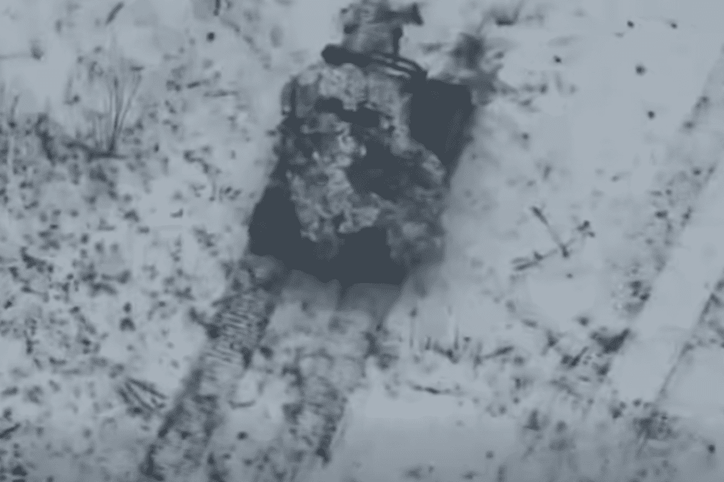 Russian ground robot carrying a 120-mm mortar moments before being hit by a Ukrainian drone, February 2026. (Source: 14th Mechanized Brigade)