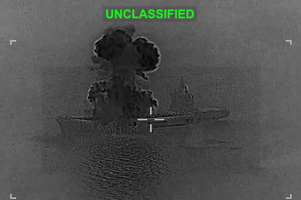 Iranian Shahid Bagheri drone carrier during a US attack. (Source: CENTCOM)