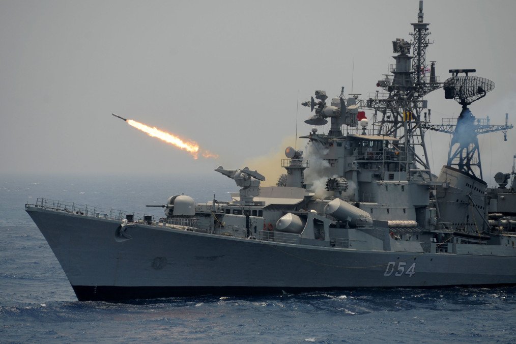 A rocket is fired from the Indian Navy destroyer ship INS Ranvir during an exercise drill in the Bay Of Bengal off the coast of Chennai. (Source: Getty Images)