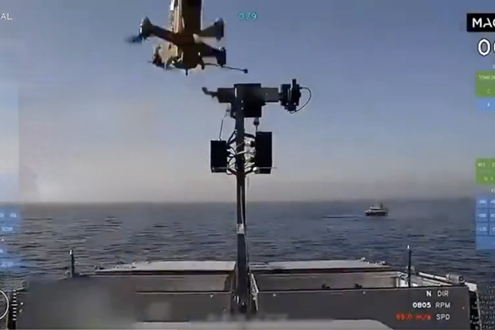 Interceptor drone launching from a Ukrainian Magura naval drone during a test in the Black Sea. (Source: Oliver Carroll)