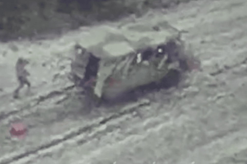 Russian soldiers setting their own vehicle ablaze to avoid a Ukrainian FPV drone strike, February 2026. (Source: 3rd Army Corps)