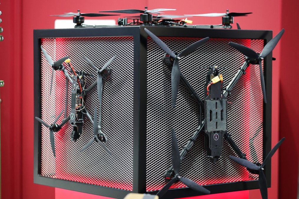 Ukrainian Drone Pioneer General Cherry Goes Into “Turbo Mode” After Russian Air Strike Hits Facility Various FPV-strike drones hang on display at the Ukrainian company General Cherry stand at the XPONENTIAL Europe autonomous systems and robotics trade fair on March 26, 2026 in Dusseldorf, Germany. (Source: Getty Images)