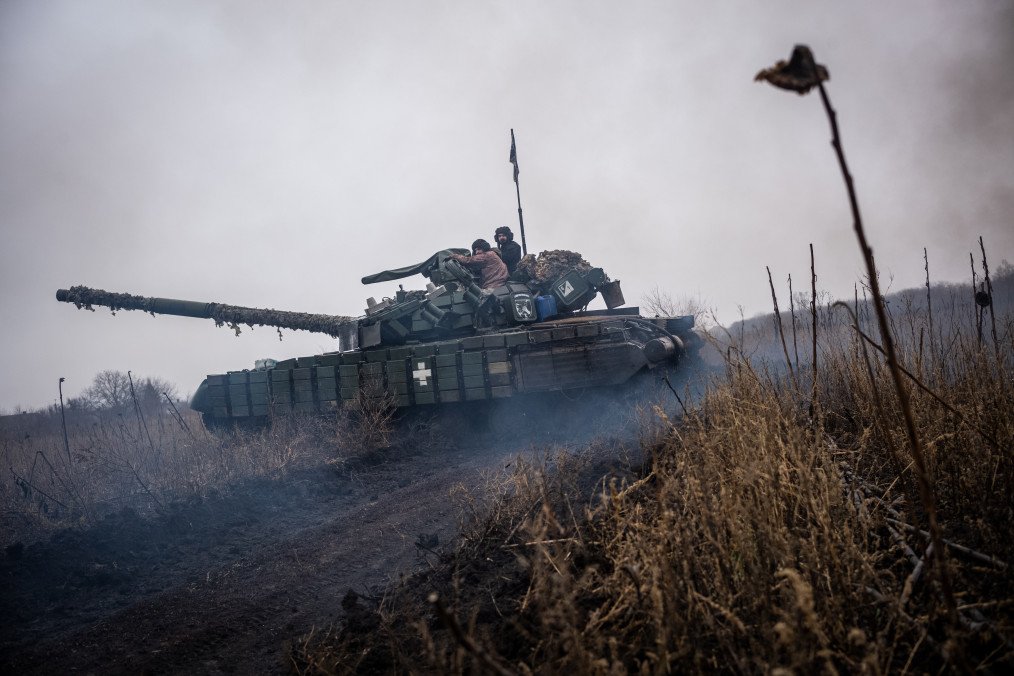 Ukrainian servicemen from 93 brigade drive a battle tank to its position as the Russian-Ukrainian war continues in the direction of Pokrovsk, Ukraine, on December 23, 2024. (Source: Getty Images)