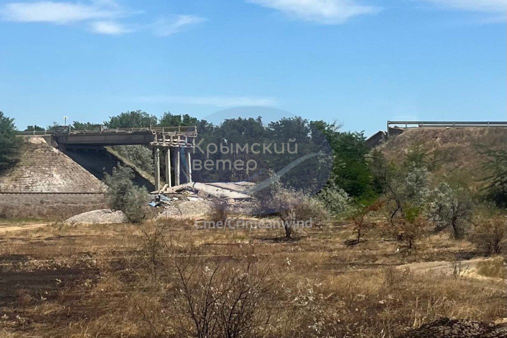 A destroyed road bridge near the village of Rozdolne in occupied Crimea after a reported Ukrainian strike on June 18, 2026. (Source: Krymskyi Veter)