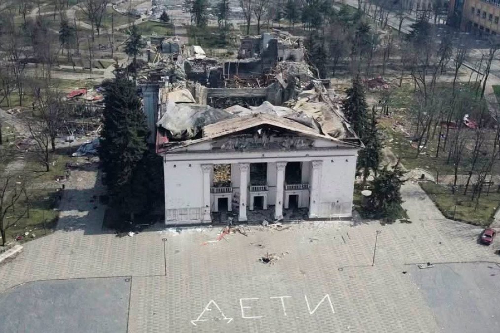 The Mariupol Drama Theater following its destruction during a Russian airstrike on March 16, 2022, with the word “CHILDREN” written in Russian in large letters outside the building. (Source: Dmytro Lubinets/Facebook) The Mariupol Drama Theater following its destruction during a Russian airstrike on March 16, 2022, with the word “CHILDREN” written in Russian in large letters outside the building. (Source: Dmytro Lubinets/Facebook)