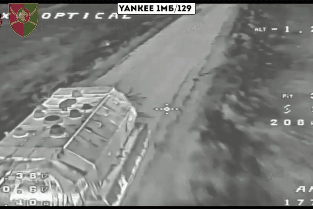 Russian TOS-1A “Solntsepyok” moments before being struck, captured from drone footage released by Ukraine’s 129th Brigade. (Source: 129th Brigade) Russian TOS-1A “Solntsepyok” moments before being struck, captured from drone footage released by Ukraine’s 129th Brigade. (Source: 129th Brigade)