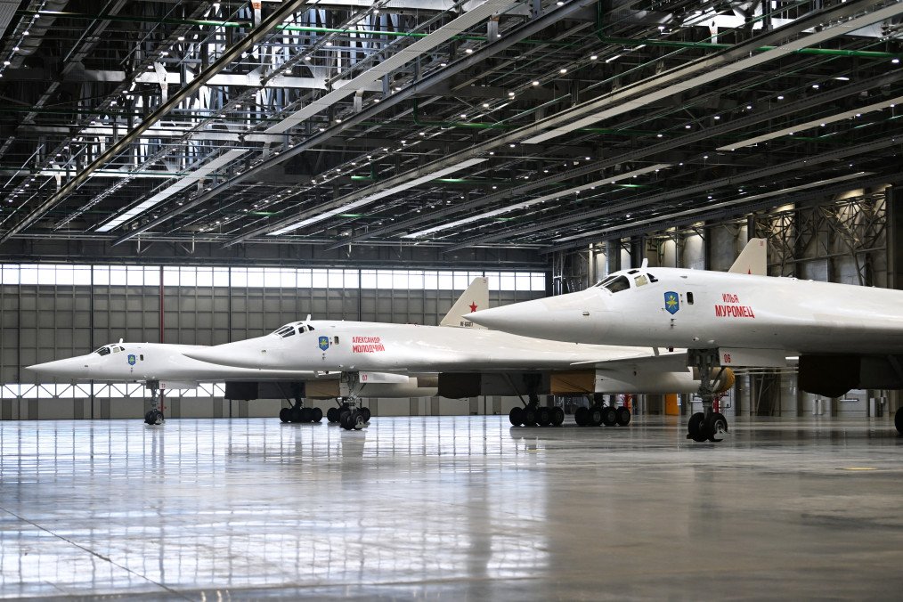 Three Tupolev Tu-160M strategic bombers are seen at the Gorbunov Kazan Aviation Plant in Kazan on February 21, 2024. (Source: Getty Images)