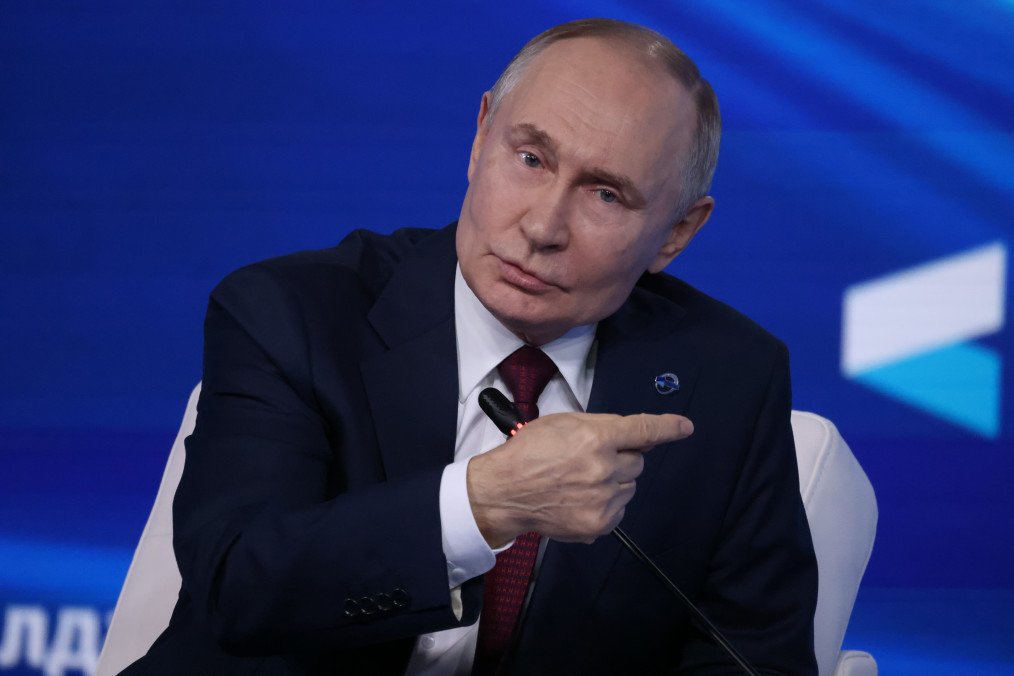 Russian leader Vladimir Putin speaks at the Valdai Discussion Club in Sochi, Russia, on October 2, 2025. (Source: Getty Images)