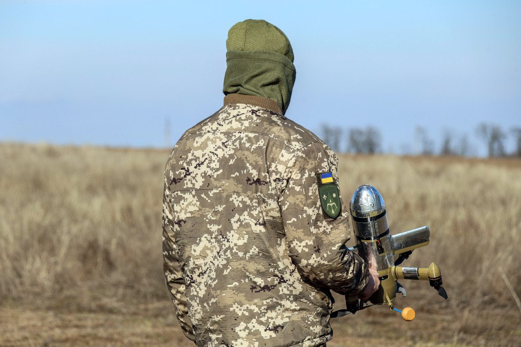 A soldier from the Khanter interceptor drone unit of Ukraine’s 208th Khersonska Anti-Aircraft Missile Brigade holds an interceptor drone during combat missions on March 4, 2026. (Source: Getty Images)