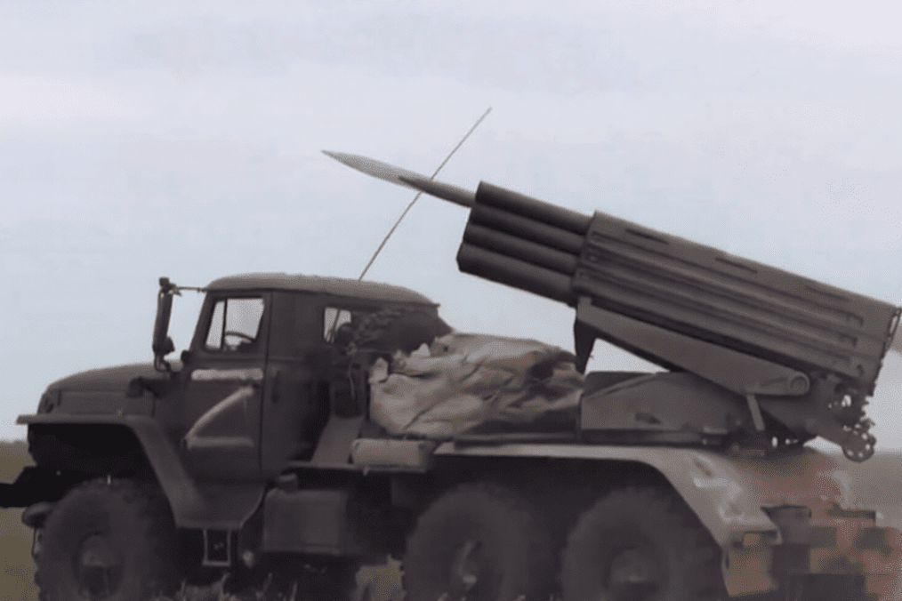 Russian BM-21 Grad MLRS firing at Ukrainian positions.