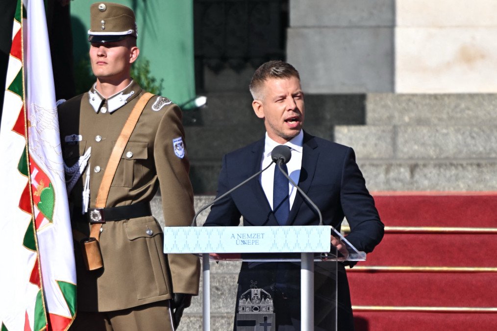 Hungary's Prime Minister Peter Magyar speaks during a ceremony marking the country's national day attended by guests and ambassadors accredited to Hungary on August 20, 2026, in Budapest. (Source: Getty Images)