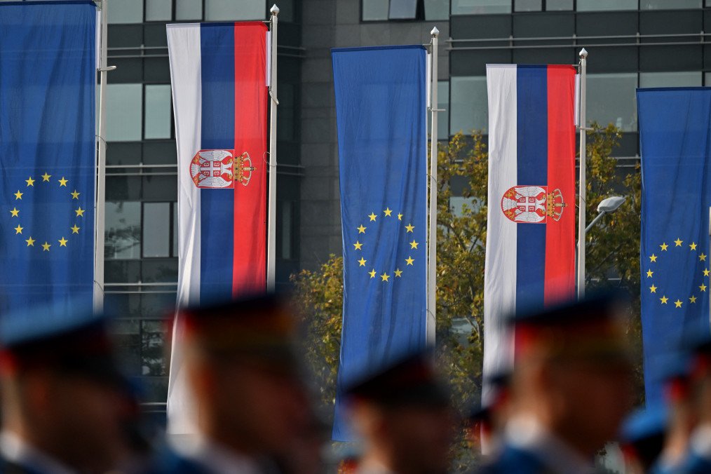 European and Serbian flags displayed in Belgrade on October 15, 2025. (Source: Getty Images)