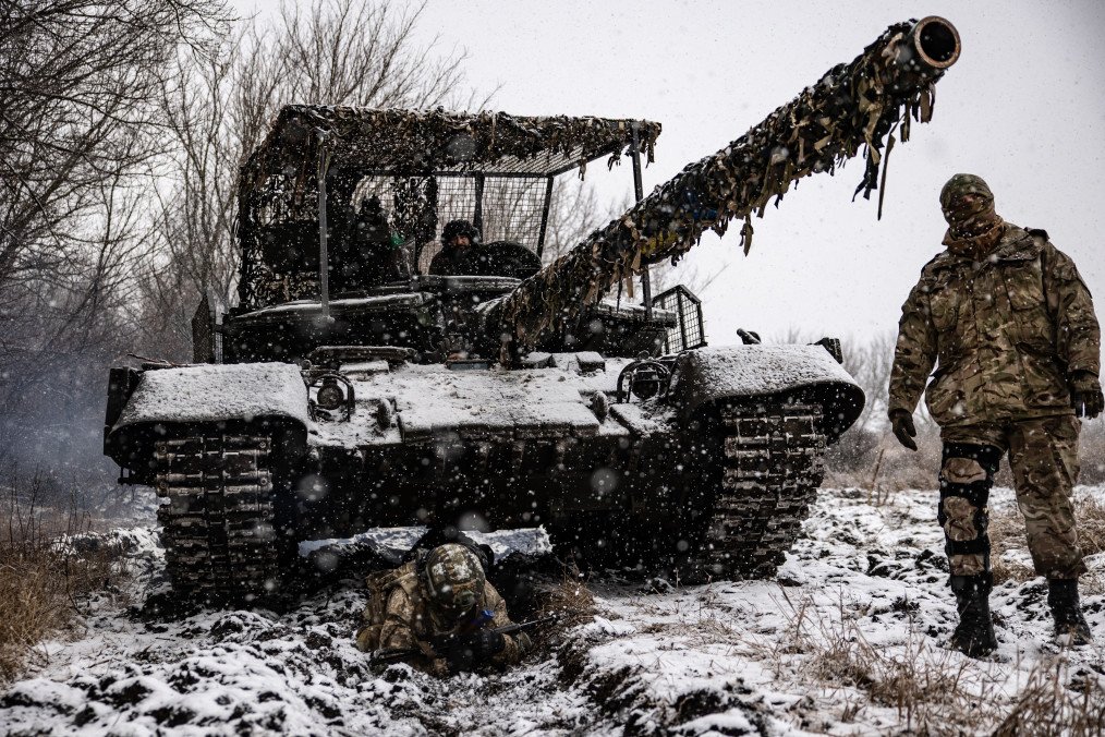 Ukrainian soldiers practice interaction in combat formations with tank support on February 15, 2025, in the Donetsk region, Ukraine. (Source: Getty Images)