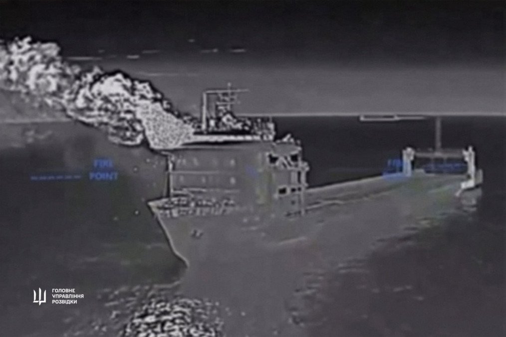 Thermal imaging captures fire and smoke rising from the Russian rail ferry Slavyanin after a Ukrainian drone strike. (Source: HUR) Thermal imaging captures fire and smoke rising from the Russian rail ferry Slavyanin after a Ukrainian drone strike. (Source: HUR)