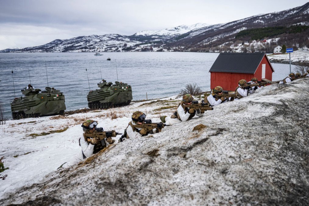 Illustrative image. Italian Marines take position during an amphibious assault demonstration, part of the Nordic Response 24 military exercise on March 10, 2024, at sea near Sorstraumen, above the Arctic Circle in Norway. (Source: Getty Images)
