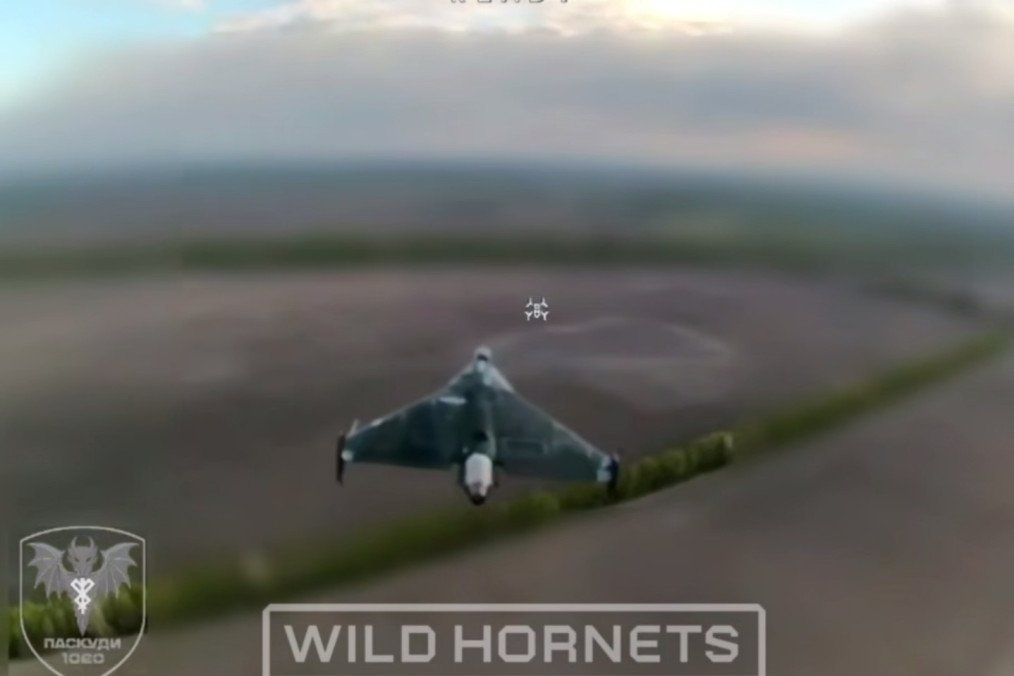 Russian Geran-4 jet-powered strike drone seen through the targeting system of a Ukrainian interceptor drone during interception, May 3, 2026. (Source: Wild Hornets)