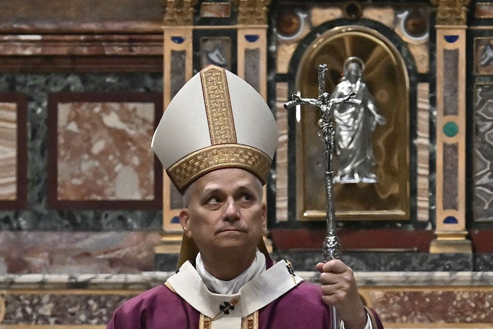 Pope Leo XIV leads a mass during a pastoral visit to the parish of the “Sacred Heart of Jesus” in the Castro Pretorio neighborhood of Rome, on February 22, 2026. (Source: Getty Images)