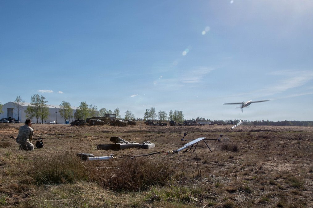 US Army Sgt. Oscar Servin launching a drone at Pabradė Training Area, Lithuania, May 3, 2026. (Source: US Army Europe and Africa)